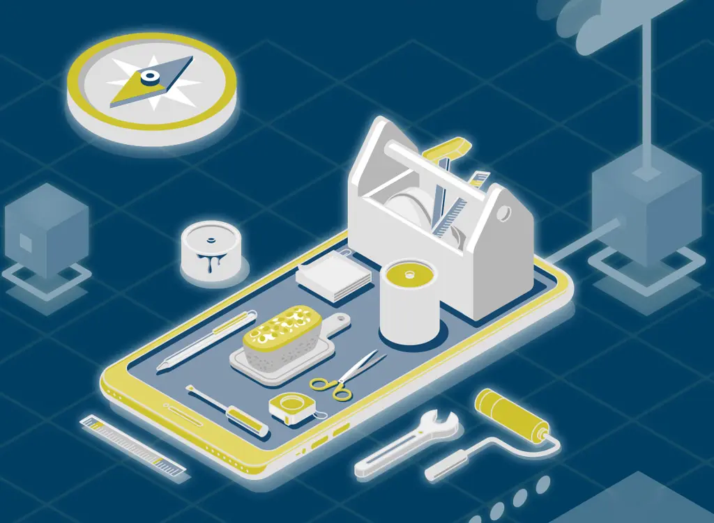 Eine digitale Illustration eines Smartphones, die einen Werkzeugkasten und Heimwerkerwerkzeuge wie eine Farbdose, einen Pinsel, eine Farbrolle, einen Hammer, eine Schere, Klebeband und einen Schraubenzieher zeigt. Im Hintergrund sind ein Kompasssymbol und abstrakte geometrische Elemente zu sehen.