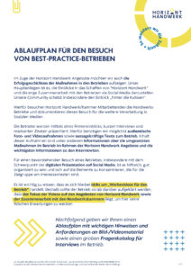 Ein Dokument mit dem Titel Ablaufplan für den Besuch von Best-Practice-Betrieben von Horizont Handwerk. Es beschreibt den Ablauf für den Besuch von erfolgreichen Handwerksbetrieben, einschließlich der Ziele, des Austauschs über soziale Medien und der wichtigsten Punkte für die Dokumentation der Besuche.