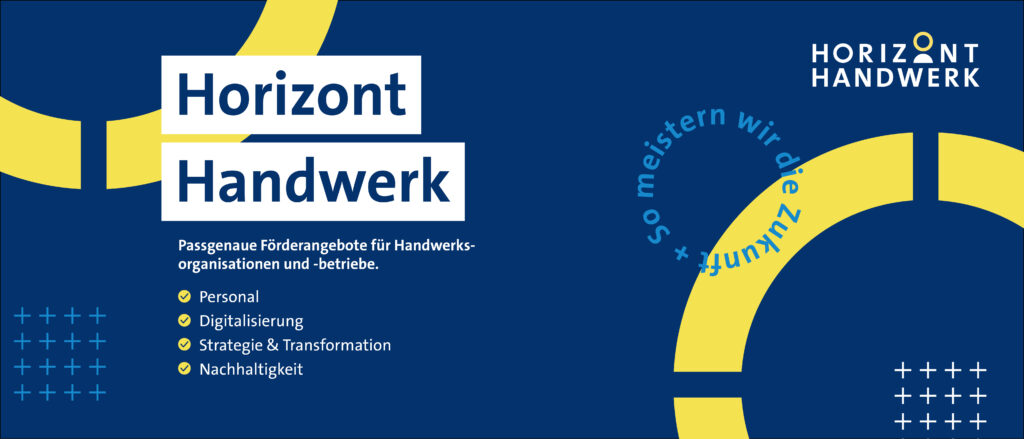 Blaue Werbegrafik für "Horizont Handwerk" mit gelben Halbkreis-Akzenten, weißem und blauem Text zur Förderung von Handwerksorganisationen und Aufzählungspunkten wie Personal, Digitalisierung, Strategie & Transformation, Nachhaltigkeit.