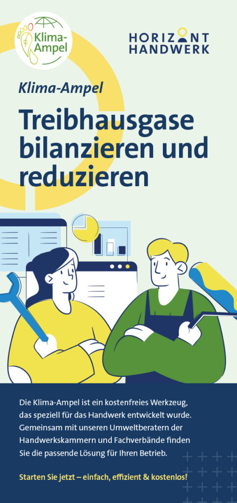 Illustration von zwei Personen, die in einem Büro mit dem Text „Klima-Ampel: Treibhausgase bilanzieren und reduzieren“ und Informationen zu einem kostenlosen Klimatool für Handwerker diskutieren, das zu effizientem Klimaschutz anregt.