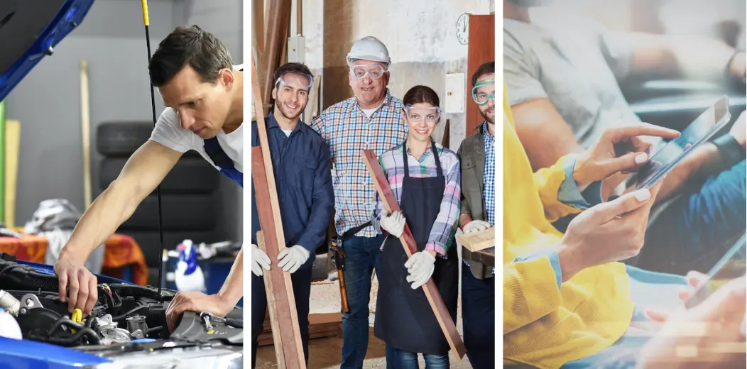 Eine Collage aus drei Bildern: ein Mechaniker bei der Arbeit unter der Motorhaube eines Autos, eine Gruppe unterschiedlicher Bauarbeiter mit Werkzeug und Holz und eine Person, die sich mit der Digitalisierung beschäftigt und dabei auf einem Sofa ein Smartphone und ein Tablet benutzt.